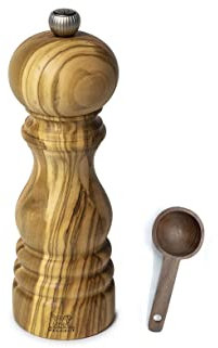 Peugeot Paris Olivier - Molinillo de pimienta de madera de olivo con cuchara de madera (7 pulgadas, molinillo de pimienta con cuchara)