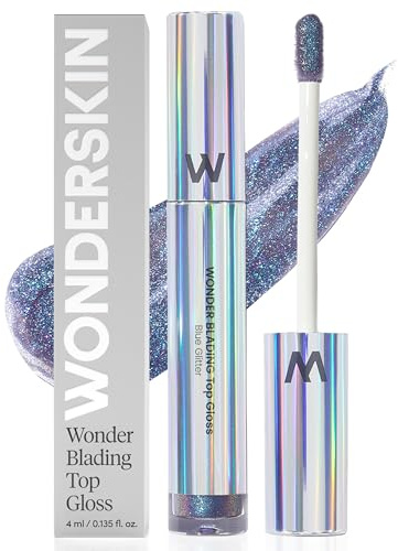 Wonderskin Lip Gloss Blading Top Gloss, Hydrating and High Shine Finish Lip Makeup (Blue Glitter)