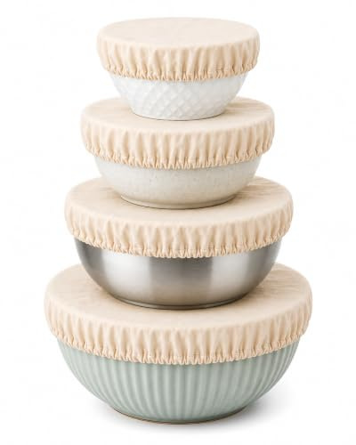 Hell Blues Set of 4 Linen Food Bowl Storage Cover ~ Stretchable Dish Covers Can Lids, Fruit Vegetable Meat Preservation Fresh Keeping Cover | Organic and Washable