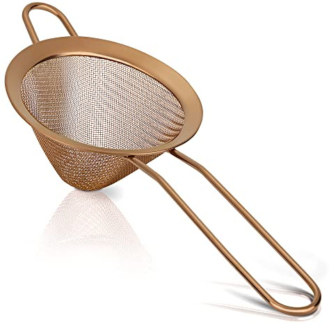 Rainspire Stainless Steel Small Strainer Fine Mesh Strainer, Mini Cocktail Strainer for Cocktails Tea Herbs Coffee & Drinks, Tea Strainer with Handle, Rust Proof, Gold
