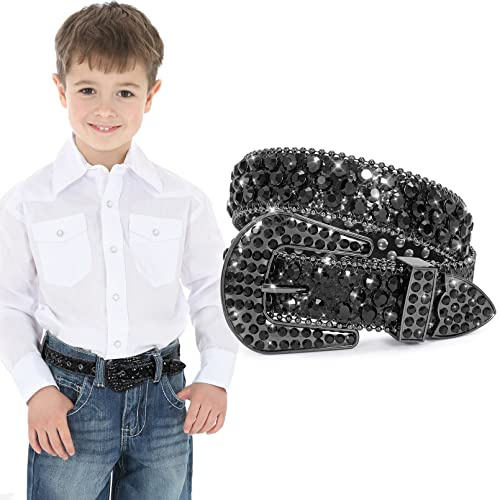 XZQTIVE Gürtel Kinder Glitzer Gürtel für Jungen Mädchen Kinder Strass Gürtel Western Cowboy Cowgirl Kindergürtel mit Diamant Kristall Taille Gürtel Bling Gürtel (Ganz Schwarz,85cm)