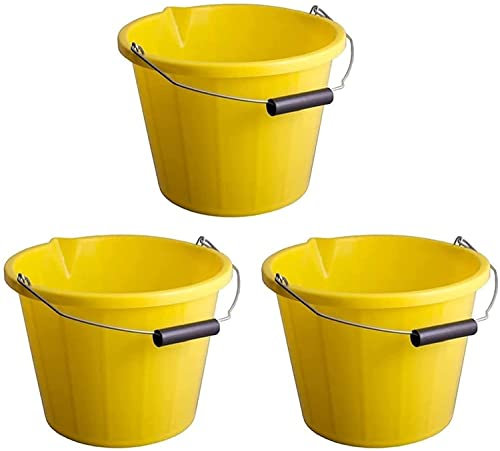 Yellow Plastic Builders Bucket 3 Gallon 14 Litre Water Mixing Storage Strong with Measuring Guide Handle And Spout Made in U.K (3 Pack)
