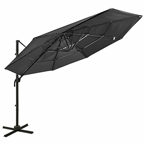 Homgoday Ombrellone a 4 Livelli con Palo in Alluminio Antracite 3x3 m, Ombrellone da Giardino Spiaggia, Pesca Esterno Antivento Portabile per Balcone Terrazzo Esterno Piscina