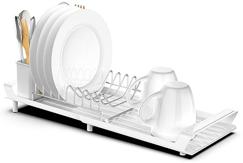 Anhow Scolapiatti da Appoggio, Scolapiatti con Cestello per Posate Scolapiatti Pieghevole Scola Piatti Estensibile in Inossidabile Plastica Materiale - Bianco