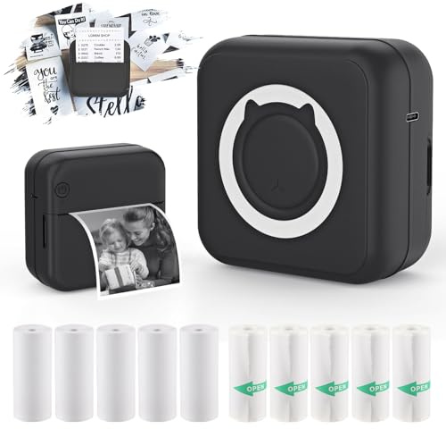 Mini Taschendrucker, Tragbarer Thermo Fotodrucker mit 6 Rollen Druckpapier für iOS/Android Bluetooth Tintenloser Drucker Etikettendrucker für Tagebücher, Studiennotizen, Etiketten, Memos(Schwarz)