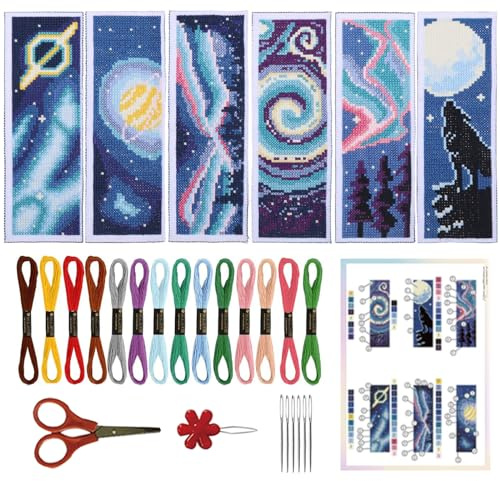 ORIGACH 6 Stück Sternenklarer Himmel Kreuzstich Lesezeichen Set | 11CT Kreuzstich Set mit Anleitung Vorgedruckt, Vorgedruckt Sticken Lesezeichen-Set für Erwachsene Buch-Liebhaber