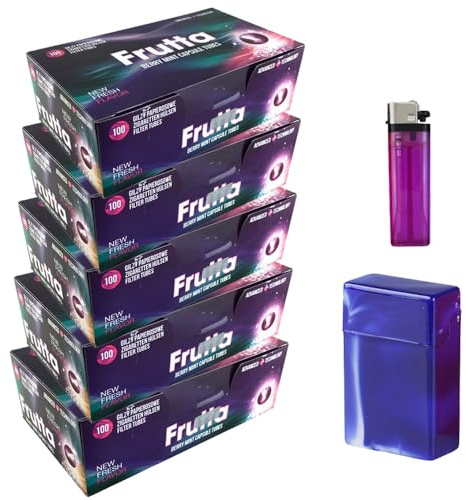 500 Filterhülsen 5X 100er Pack King Click Hülsen Frutta Capsule Tubes mit Aroma inkl. 20er Zigarettenbox und Feuerzeug (Berrymint)