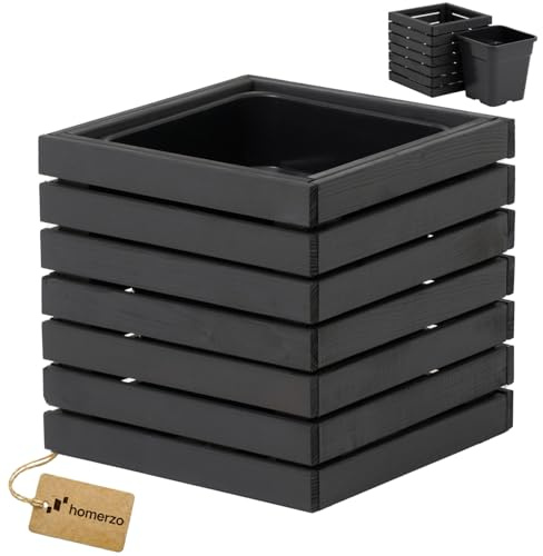 HOMERZO Pflanzkübel Holz – imprägniert wetterfest – mit herausnehmbarem Kunststoffeinsatz – Pflanztopf Blumenkasten für Balkon Garten Terrasse (Horizontal-anthrazit 36x36 H35 cm)