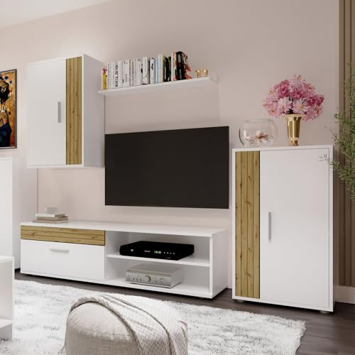 Homely®- Mueble de Salón Modular Ibiza White | Conjunto 4 Muebles | Muebles Salón Completo | Mueble para Televisión + Mueble Bajo + Mueble Alto + Estantería Alta | Color Blanco Y Madera