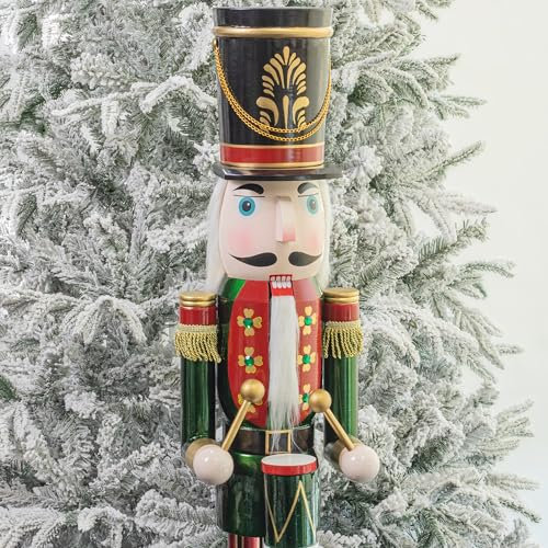 Art Beauty 4ft Christmas Nutcracker Wooden Drummer Soldier Nutcracker Figurine Veterans Day Christmas Decorations for Front Door Porch Xmas Tree Mantel Fireplace