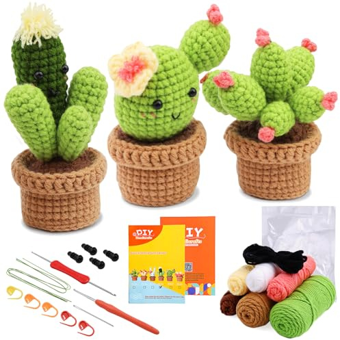Häkelset für Anfänger Erwachsene Kinder Häkelset Kaktus Häkeln Starter Häkelnadel Set für DIY-Handarbeiten mit Häkelnadeln, Garn, Polyesterfaserfüllung, Handnähnadel, Stichmarkern, Anleitung