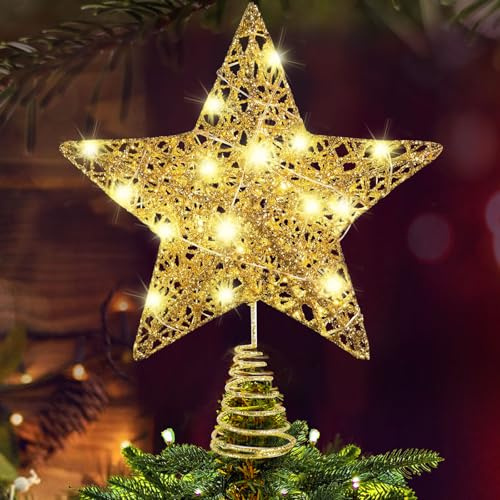 Puntale per albero di Natale, puntale dorato per albero di Natale, stella per albero di Natale, puntale per albero di Natale, puntale per albero di Natale, stella di Natale con catena luminosa a LED