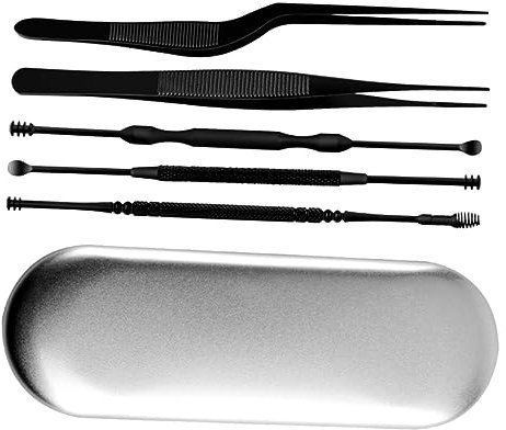 FOMIYES Ohrreinigungswerkzeug 6 Stück Edelstahl Schwarz Mit Zwei Pinzetten Feder Spiral Design Rutschfester Griff Für Sichere Reinigung Zuhause Und Unterwegs