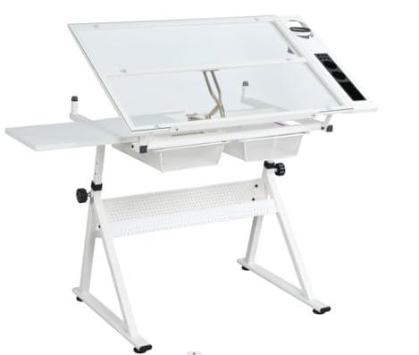Verstellbarer Zeichen- und Drucktisch aus gehärtetem Glas, Kunsttisch mit Stuhl, Zeichentische für Künstler, Kunsttisch, für Zuhause, Büro und Schule, Weiß