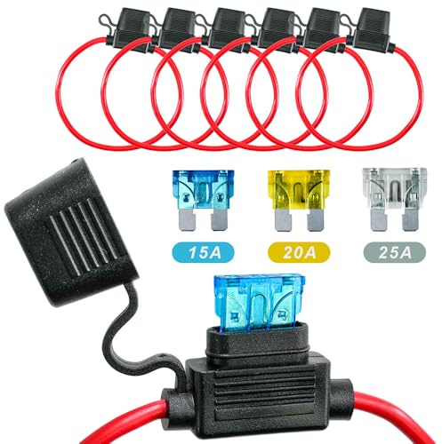Selyse 6 Stück 12AWG Sicherungshalter für KFZ, LKW, Auto, Motorrad, wasserdicht mit Inline Flachsicherungen, Kupferkabel, Standard Sicherungen für Auto/Boot 2 * 15A 2 * 20A 2 * 25A
