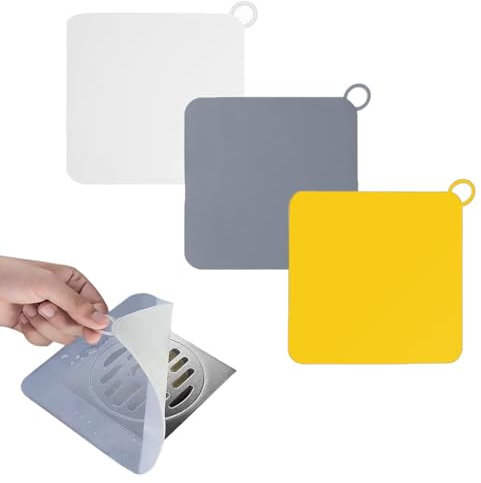 3 Pezzi Tappo per Scarico in Silicone Antiodore, Copertura Deodorante per Doccia, Cucina, Bagno e Lavanderia, 15cm, Quadrato (Bianco, Giallo, Grigio Chiaro)