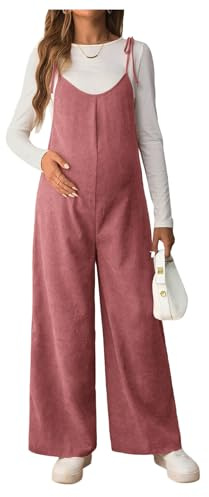 OYOANGLE Women's Maternity Wide Leg Overalls U Neck Spaghetti Strap Pregnancy Jumpsuits Dusty Pink Medium