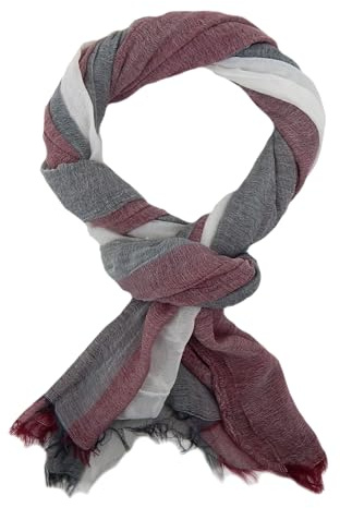 Ella Jonte Herren Schal – Leichter breiter Baumwoll-Viskose Schal mit Blockstreifen – Weicher Herrenschal mit Fransen – Frühling Sommer Herbst – 210 x 100 cm – Blau Beige Weiß/Grau/Rot