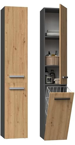 BDW - Badezimmer Schrank Hochschrank - Hoher Badschrank mit Wäschekorb - 174 x 31 x 30 cm - Wahl der Türöffnungsseite - Anthrazit/Eiche Artisan