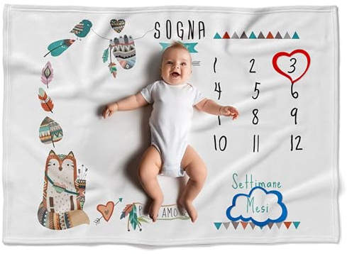 Fantalò Coperta Mesi Neonato per Foto in Italiano Unisex - Tappeto Complimese Neonata Crearicordi - Idea Regalo Nascita Bimbo Indispensabile per Neogenitori (Volpacchiotto)