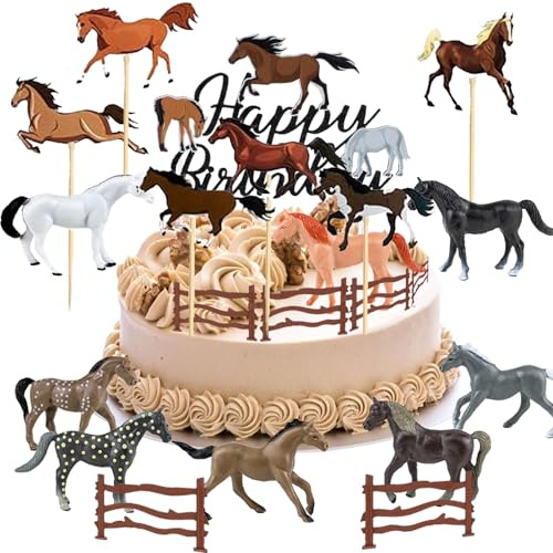 23 Stück Pferd Tortendeko,Pferd Cake Topper,Pferd Kuchen Deko Geburtstag,Pferd Cake Birthday Party Decoration,Realistische Kunststoff Pferde，Zaun für Pferde