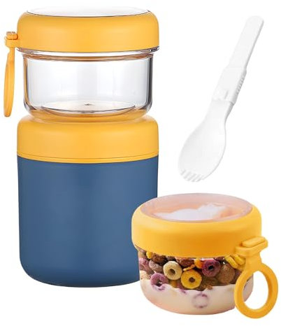 NEXROLA Tarrina Yogur y Cereales Portátil 860ml CON CUCHARA, (530ml + 330ml) de Acero Inoxidable 304 para Muesli,Copos de Avena & Cereales,100% Libre de BPA y Hermético,Ideal para Viajes,Trabajo,Niños