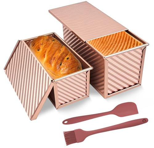 ROTKUSZ Set di 4 stampi per pane toast con coperchio, in oro rosa, antiaderente, per pane, pane tostato, in alluminio, acciaio 550 g, per pasticceria, pagnotta e torte (oro rosa)