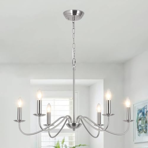 MRHYSWD Kronleuchter Modern Silber, 6 Flammig Pendelleuchte Vintage Retro | Deckenlampe Hängend Modern Industrial Kronleuchter Wohnzimmer Esstisch Küche Schlafzimmer - Höhenverstellung - Ohne E14 Birne