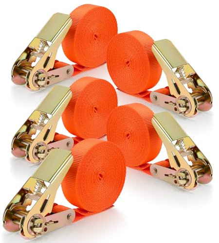 Vasmeiy 5 Piezas Tensor de Carraca,Correas tensoras con carraca,Correas de Amarre con Trinquete 4m,Correa de trinquete básica para Transportar Materiales,Acampar,mudarse y Envolver Equipaje(Naranja)