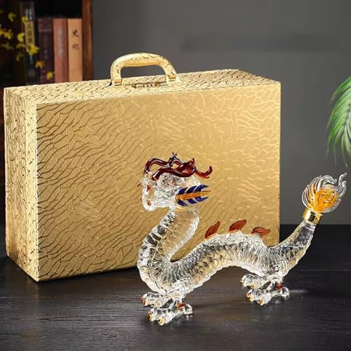 Art Statue - Oriental Dragon Lead-free Glass Whisky Bottle 1000ml, Chinese Zodiac Decanter, Handmade, Festival Table Decoration, Wine Tequila Gift, Personalized Animal Wine Bottle(1000ml+suitcase)