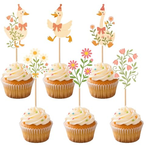 36pcs Goose Cupcake Toppers, One Silly Flower Goose Cupcake Picks Baby Shower Cake Decorations Funny Party Decor Supplies for Boys Girls Flower Animal Theme Birthday Favors