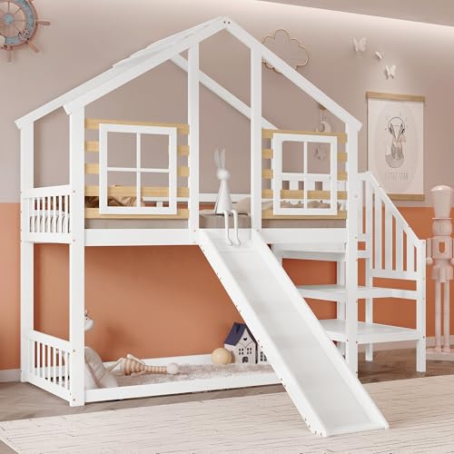 Biqzuya Lit Mezzanine Enfant avec Toboggan - Lit Cabane Superposé 90x200cm, écurité Renforcée + Fenêtres, Bois Massif + MDF - sans Matelas