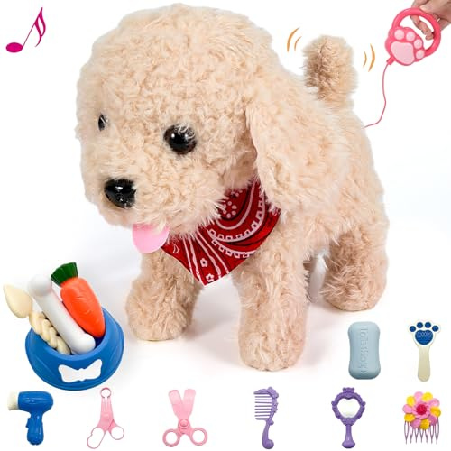 GOBRILLFUN Interaktiver Plüschwelpe mit Lauf-, Bell- und Schwanzwedelfunktion, inklusive Pflegeset, Mädchen und Jungen, Kinder im Alter von 3, 4, 5, 6 Jahren (Gold)