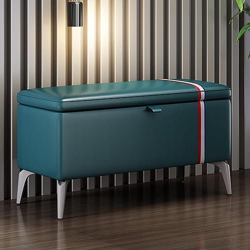 Moderno sgabello portaoggetti in pelle blu scuro rettangolare panca per scarpe da ingresso con sedile imbottito e cassa in legno massello, soluzione multifunzionale per l'organizzazione domestica.