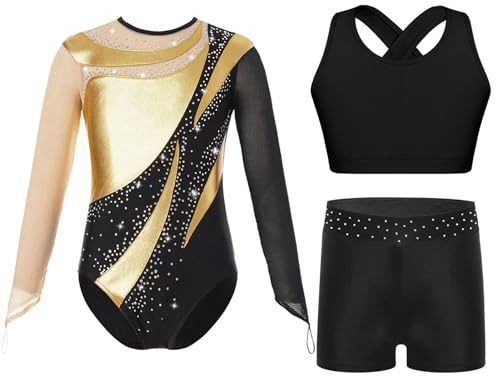 Sinleey 3-teiliges Gymnastikanzug Mädchen Turnanzug Langarm Kinder Leotard Tanz Ballet Mit Shorts und BH Sports Gymnastik Outfit Sport Fitness Set Kostüm