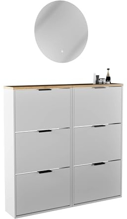 Planetmöbel 2 x Schuhschrank schmal | runder Spiegel mit Beleuchtung 60 cm, (2 Lichtstufen) Schuhkommode mit 3 Klappen Schuhregal mit 6 Ablagen, Garderobe Set, 60