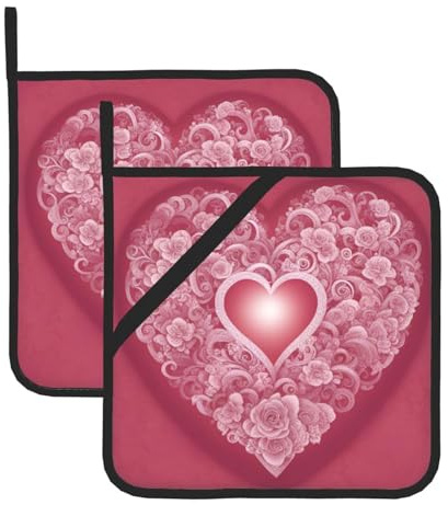 Set presine resistenti al calore, presine per cuocere, grigliare e cucinare, design romantico con stampa a cuore