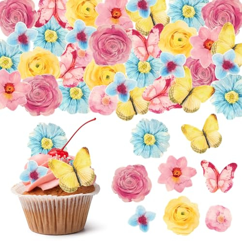 YUFFQOPC 102Pcs Wafer Rice Paper Flowers & Butterflies Cake Decorations | Cake Decoration for Wedding, Baby Shower, Party,Anniversary ,Birthday