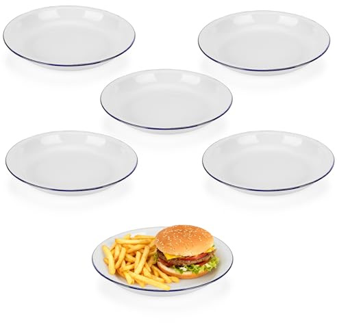 WeeGoo 6 Pcs Round Enamel Plates, White Retro Enamel Pie Dish with Blue Rim