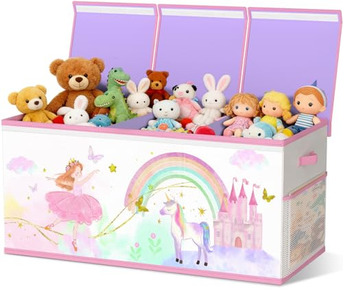 Extra Large Toy Storage Box for Girls Boys - Collapsible Toy Chest Organiser for Kids,Toy Bin Container with Lid for Clothes,Blanket,Nursery,Playroom,Bedroom,Stuffed Animals,Quilt(Beige&Purple)