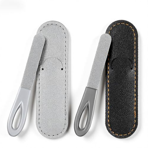 Thinp 2 Pcs Fingernail File with Case, Nail Files for Natural Nails Metal Nail Files with Non-Slip Handle Diamond Round Tip Double Sided Travel Nails File with Leather Sheath (Black & Silver)