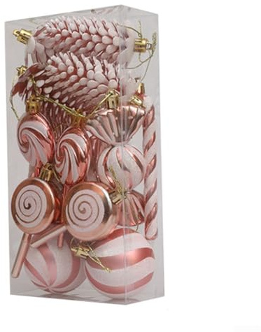 Juego de 15 adornos para árbol de Navidad, incluye formas de caramelo de menta de plástico y bolas de purpurina en rojo, oro, plata, cono de pino champán y oro rosa para decoración navideña (oro rosa)