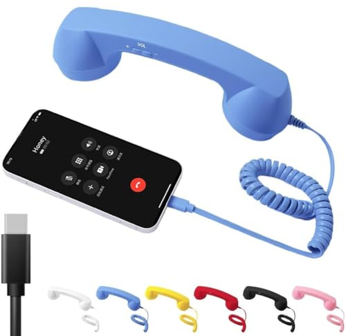 Auricular retro para teléfono, teléfono inteligente retro Bluetooth, receptor de mango fijo tipo C para teléfonos celulares, a prueba de radiación, cómodo teléfono de mano vintage con cable (azul con