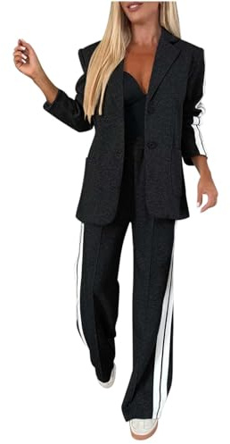 Dam 2-delad blazer kläder business casual överdimensionerad jacka, jackor breda ben byxor sweatsuits kontor kostymer set träningsoverall, Svart, 3XL