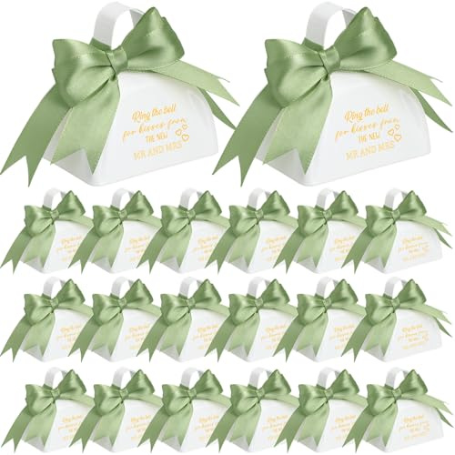 Boao 20 Pcs Metal Cowbell with Handle & 1 Roll Green Ribbon White Cow Bells Small Loud Noise Makers for Wedding Sporting Events Hand Percussion Cheering Spirit Celebrations, 3 x 2.8 x 2.5 Inch