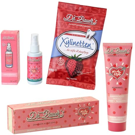 Dr. Bauer's Beerenliebe-Set, Xylinetten Erdbeere, Mundspray Sweet Kiss | Zahnpasta Active Love Redberries, Fruchtiges Zahnpflege-Erlebnis für Jugendliche & Erwachsene, Von Zahnärzten entwickelt