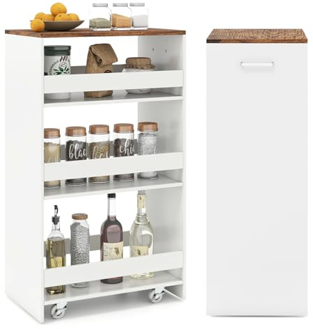 COSTWAY Carrello Portaoggetti a 4 Ripiani, Carrello da Cucina con Maniglia Laterale e Ruote, Carrellino Scorrevole Salvaspazio Slim e Sottile (30 cm,Marrone+bianco)