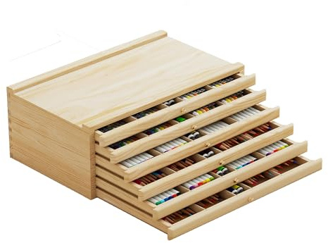 petour Aufbewahrungsbox für Künstler 6 Schublade 40×25.5×15.5cm Schubladen Organizer Holz Schubladenbox Werkzeugkiste für Künstlerbedarf, Acrylmalerei Zubehör, Malutensilien, Jewelry, needlework tools