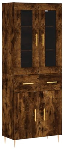 mtlskopl Highboard Räuchereiche 69,5x34x180 cm Wohnzimmerschrank aus Holzwerkstoff und Glas, Eleganter Schrank mit Metallfüßen, Sideboard und Aufsatz-Kombination für Esszimmer und Flur