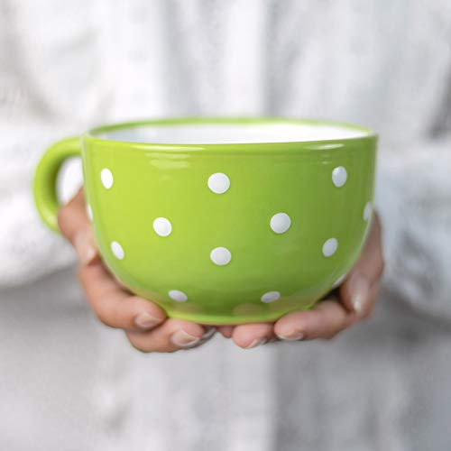 City to Cottage® Tazza Extra-Large da 500ml | Ciotola con Manico per Brodo, Zuppa, Cappuccino, Caffè Americano e Tè | Realizzata e Dipinta a Mano | Fantasia a Pois Verde Lime e Bianco | Idea Regalo